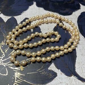 Vintage 70s Marvella Long Gold Tone and Cream Faux Pearl Necklace D1